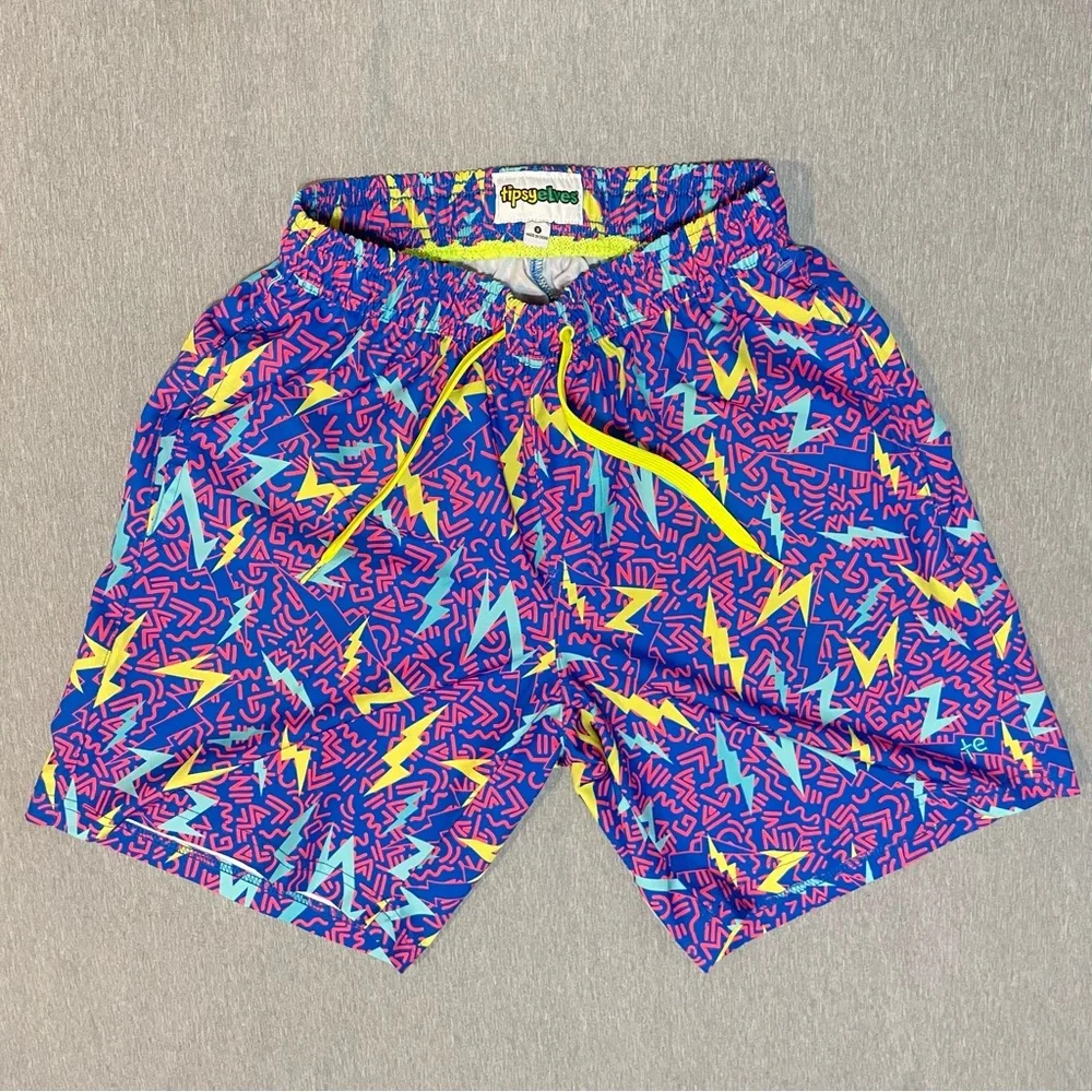 Tipsy Elves Grease Lightening Swim Trunks Small 4 Way Stretch Bolt Print